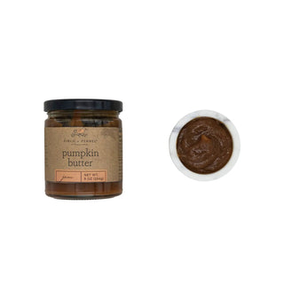 Pumpkin butter jam 9 oz jar and 1 bowl of jam with brown label