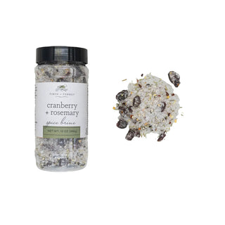 Cranberry + rosemary spice brine, 13 oz jar with visible dried berries and coarse salt
