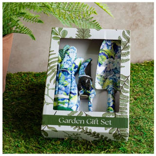 Gardening set with blue hydrangea print gloves and tools in a botanical gift box