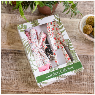 Gardening Set in a floral gift box with red-floral gloves and garden tools.