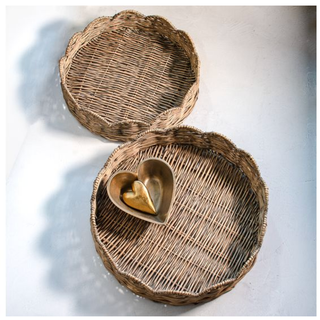 Grey wash willow round trays, a pair of woven wicker trays
