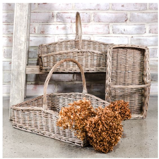 Grey willow wicker garden baskets; set of three (rectangular, oval and tall).