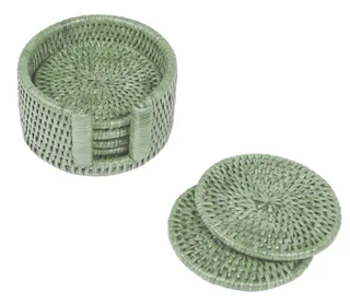 Rattan Round Coaster Set - Green