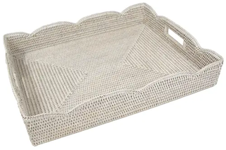 Large Scalloped Rattan Tray in Cream