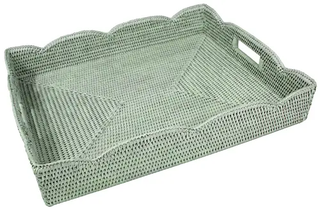 Large Scalloped Rattan Tray in Green