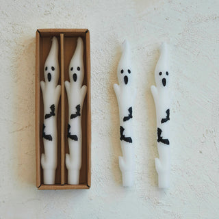 Unscented Ghost Shaped Taper Candles w/ Bats in Box, White & Black Candles Creative Co-Op