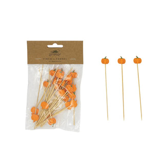 Bamboo single-use picks with pumpkin-shaped orange handles, natural wood, set of 50