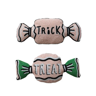Glass-beaded candy-shaped pillows (2) with pink-beige beads and cotton velvet backs, Trick and Treat.
