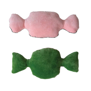 Two bone-shaped velvet pillows, pink and green, soft fabric cushions