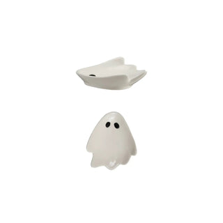 Stoneware ghost-shaped dish and white ghost figurine set with black eyes