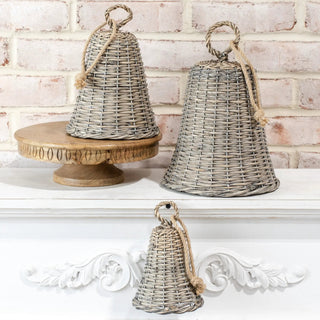 Holiday Willow Bells: set of 3 gray-washed wicker bells with rope loops