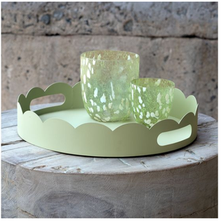 Lt. Green Metal Garden Tray with scalloped edges and side handles, paired with two speckled green glass holders.