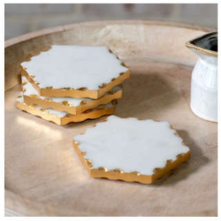 Marble/Gold Foil Edge Coasters, set of 5, white marble tops with gold foil edges.