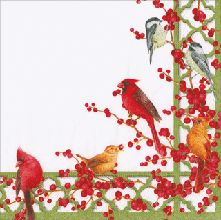 Cocktail Napkin - Winter Birds And Berries - Recycled Napkin Cocktail Caspari