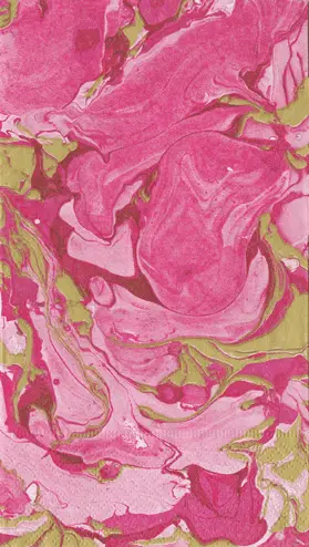 Guest towel napkin in pink marbled rosa pattern with green accents.