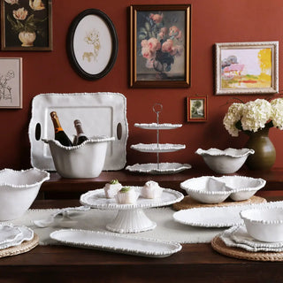 Medium white melamine baguette platter with beaded edge.