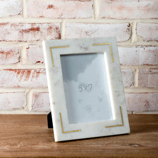 Marble photo frame with brass inlay, light gray stone and gold trim; two frames stacked for 5x7 photos.