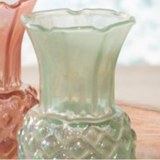 Aqua & Rose mini glass vases, green and pink pair with scalloped rims.