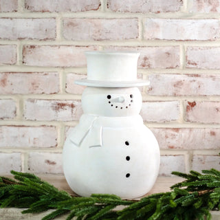 White terracotta snowman lantern with scarf detail and vent holes.