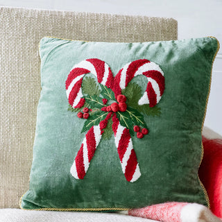  Velvet candy cane pillow in green with red-and-white candy cane embroidery and gold piping