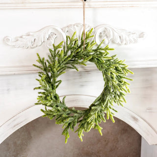Evergreen Wreath with frosted green pine branches, artificial greenery