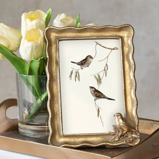 Gold Bird Accent Photo Frame with antique gold-tone finish and bird illustration.