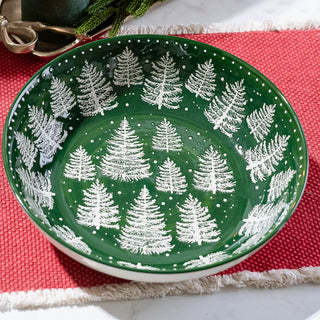 Tree Print Bowl in green ceramic with white pine tree pattern and dotted accents