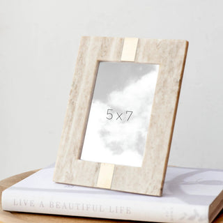 Beige marble photo frame with a gold metal top tab, holds 5x7 photos.