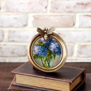 Round antique gold bee photo frame with beaded edge