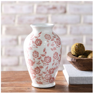 Rouge Floral Vase, white ceramic with red floral pattern and narrow neck.