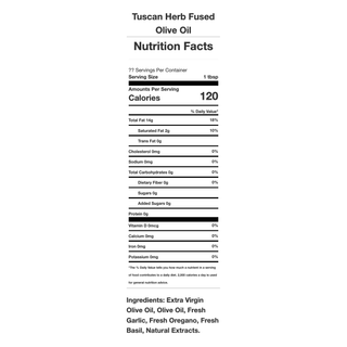 Tuscan Herb fused olive oil label with black-and-white nutrition facts panel
