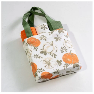 Fall pumpkin towel set with bag, 3-piece; white tote with orange pumpkins and green handles