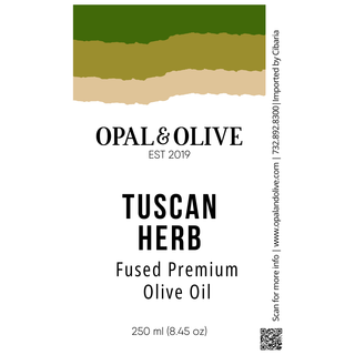 Olive oil bottle label: Tuscan Herb fused premium olive oil, 250 ml with green-beige stripe design