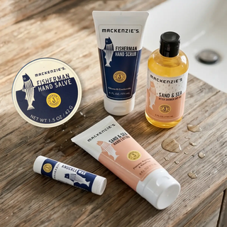 Hand Ritual Favorites Bundle, 5-piece hand care set in blue and peach packaging.