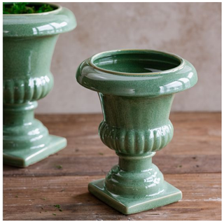 Verdigris urn pot, glazed ceramic planter in green, set of 2