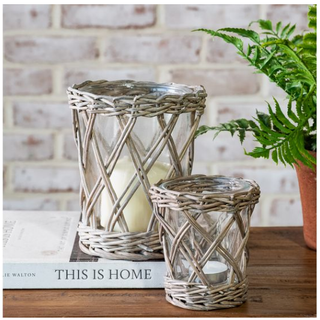 Willow/Glass candle holders, set of 2 woven wicker with glass inserts in natural tones