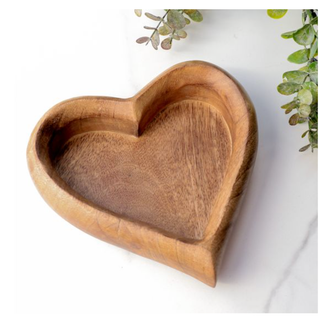 Heart-shaped wooden decorative tray with natural wood grain finish.