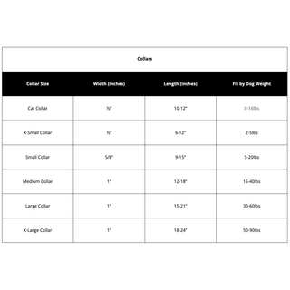 Candy Cane Dog Collar size chart with six sizes showing width, length, and weight ranges.