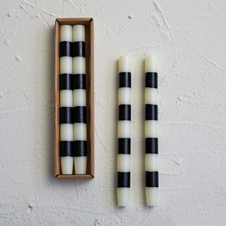 10-inch unscented taper candles with black and white stripes in a box