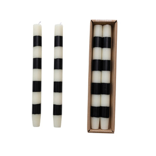 Taper candles, 10-inch unscented with black-and-white stripes in a boxed set