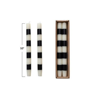 Taper candles, boxed set of 6, 10-inch unscented with black and white stripes