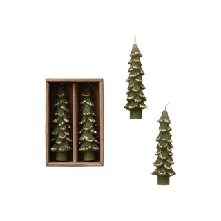 Tree-shaped taper candles with gold tips, evergreen green wax, set of 4 (2 boxed, 2 loose).