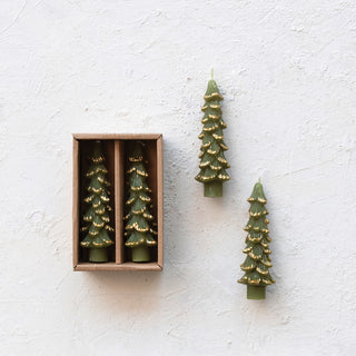 Tree-shaped taper candles, green with gold tips, set of 4 in a box