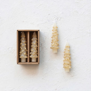 Unscented Tree Shaped Taper Candles w/ Gold Tips in Box, Eggnog Color Candles Creative Co-Op