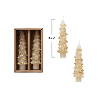 Unscented Tree Shaped Taper Candles w/ Gold Tips in Box, Eggnog Color Candles Creative Co-Op