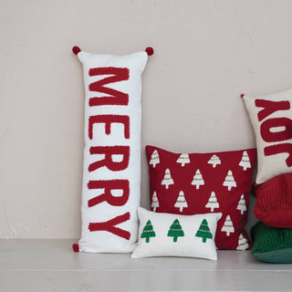 Cotton Slub Lumbar Pillow w/ Embroidered Christmas Trees & Beads Pillow Creative Co-Op