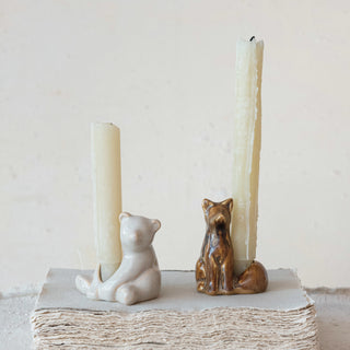 Stoneware Bear Taper Holder, Reactive Glaze, White (Each One Will Vary) Candleholders Creative Co-Op