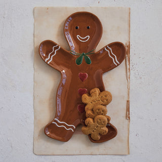 Stoneware Gingerbread Man Shaped Platter w/ Heart Buttons Platter Creative Co-Op