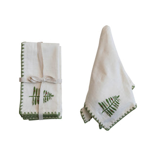 Cotton Napkins w/ Embroidered Tree & Edge, Natural & Green, Set of 4 Napkin Creative Co-Op