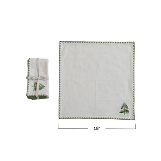 Cotton Napkins w/ Embroidered Tree & Edge, Natural & Green, Set of 4 Napkin Creative Co-Op